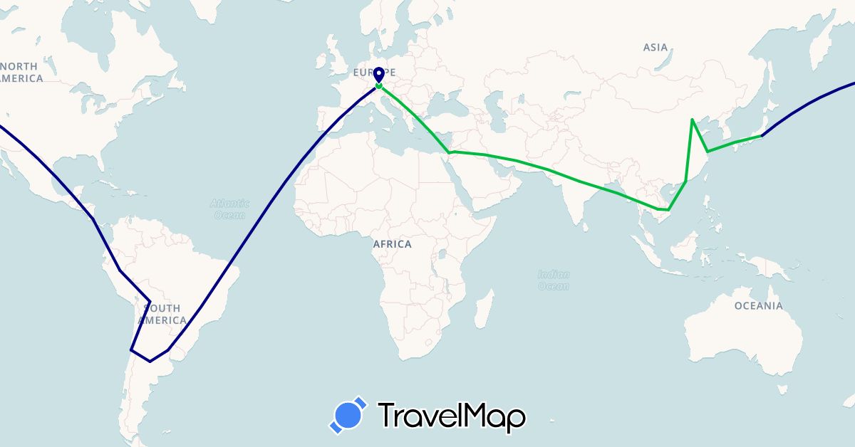 TravelMap itinerary: driving, bus in Argentina, Bolivia, Brazil, Chile, China, Costa Rica, Germany, Israel, India, Jordan, Japan, Cambodia, Peru, Vietnam (Asia, Europe, North America, South America)